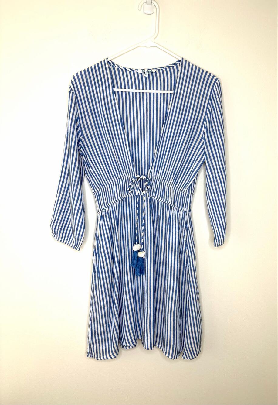 Blue Island Striped Swim Cover Up Dress XS V Neck Tassel Tie Shells Beach Resort